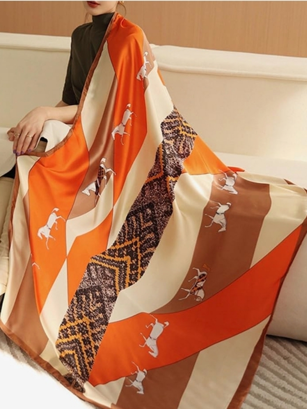 Elegant Orange & Cream Horse-Print Satin Wrap Scarf